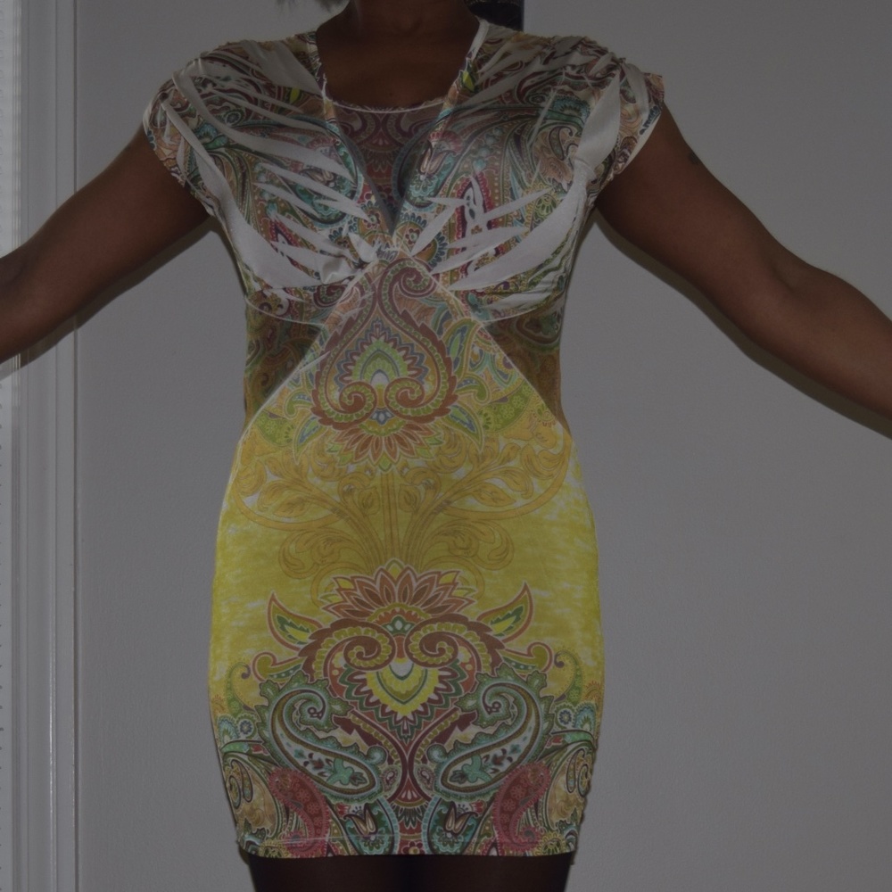 Light Multi Color Poly Dress with Mesh Pattern Waist